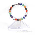 Moda caliente 7 Chakra 8MM piedra redonda abalorios pulsera elástica con Leapard cabeza